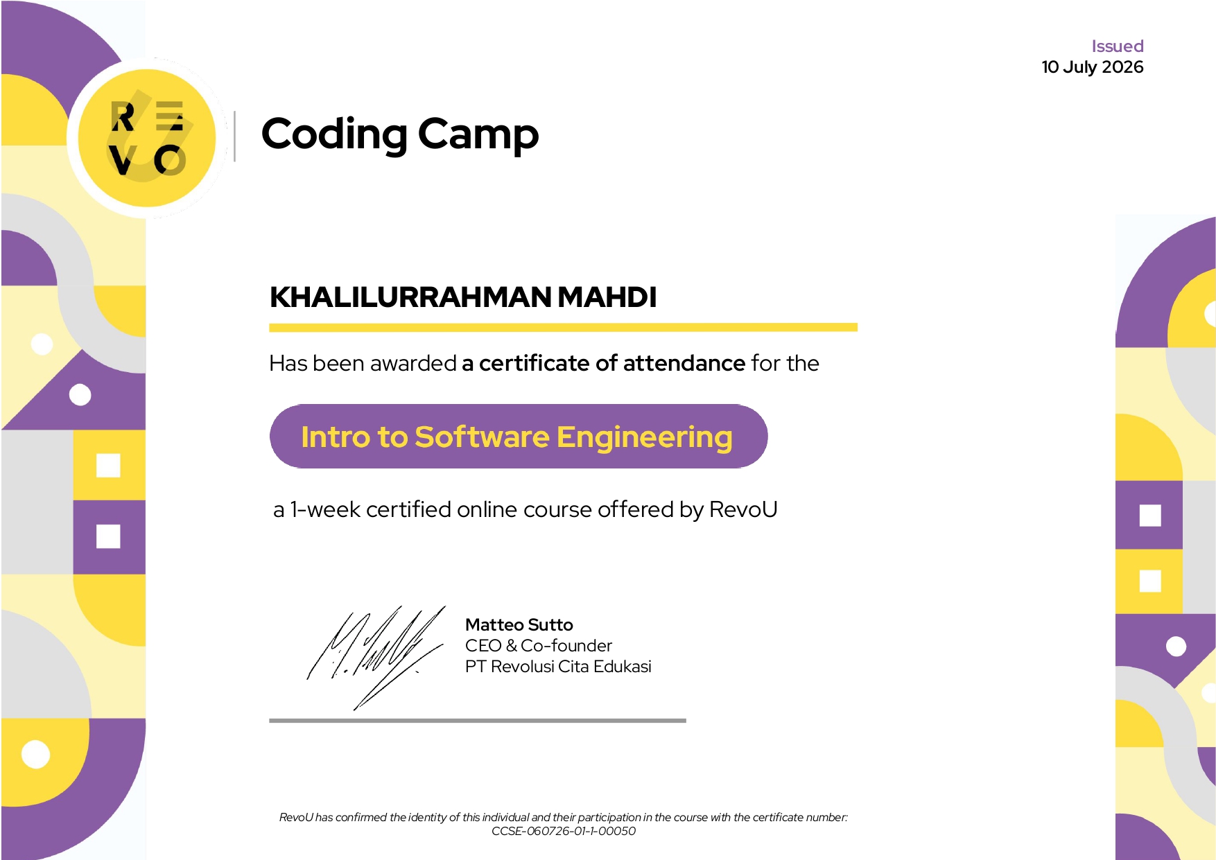 Sertifikat Intro to Software Engineering