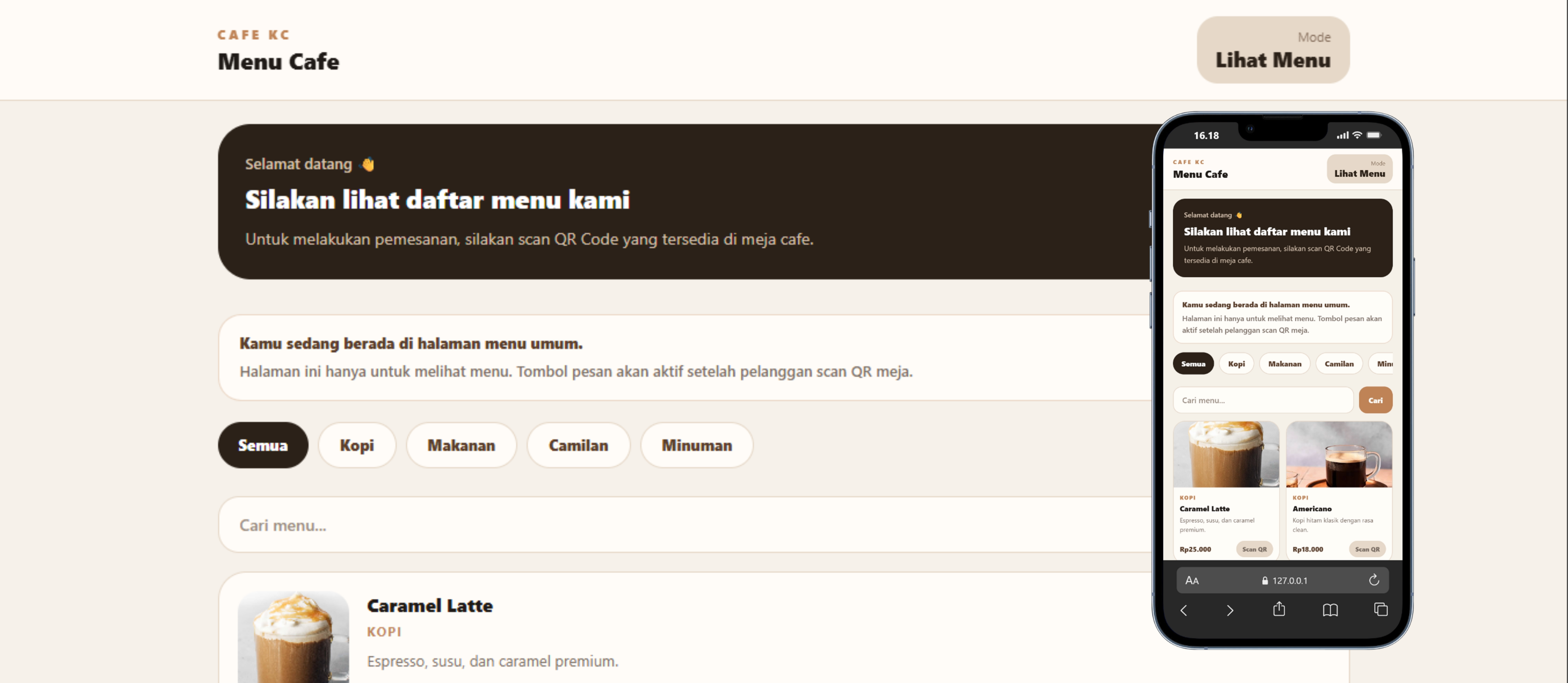 Screenshot Pemesanan Cafe / Restoran